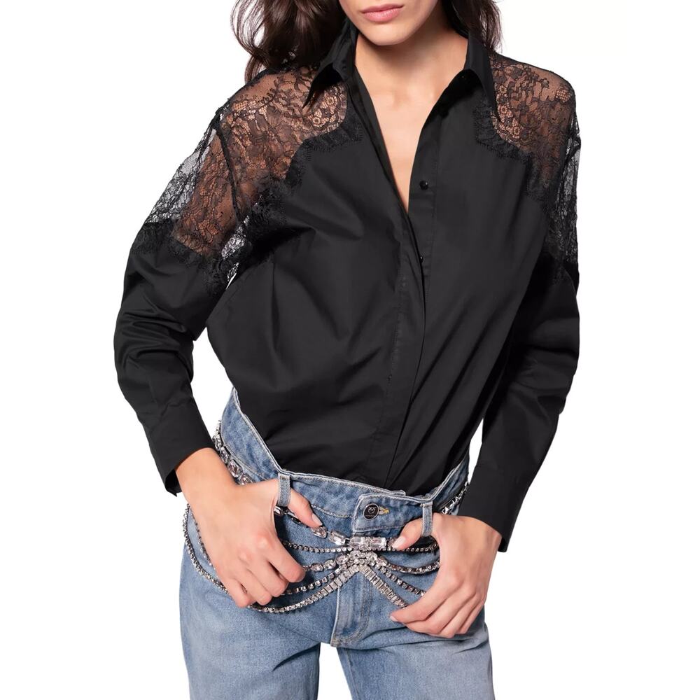 NWT Pinko Womens Clotilde Camicia Lace Detail Blouse Long Sleeve‎ Black Size Lg
